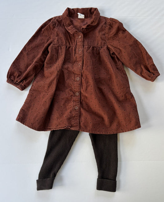 #101 Gap Corduroy Brown Button Down Dress Ribbed Leggings Outfit Girls Size 12-18 month