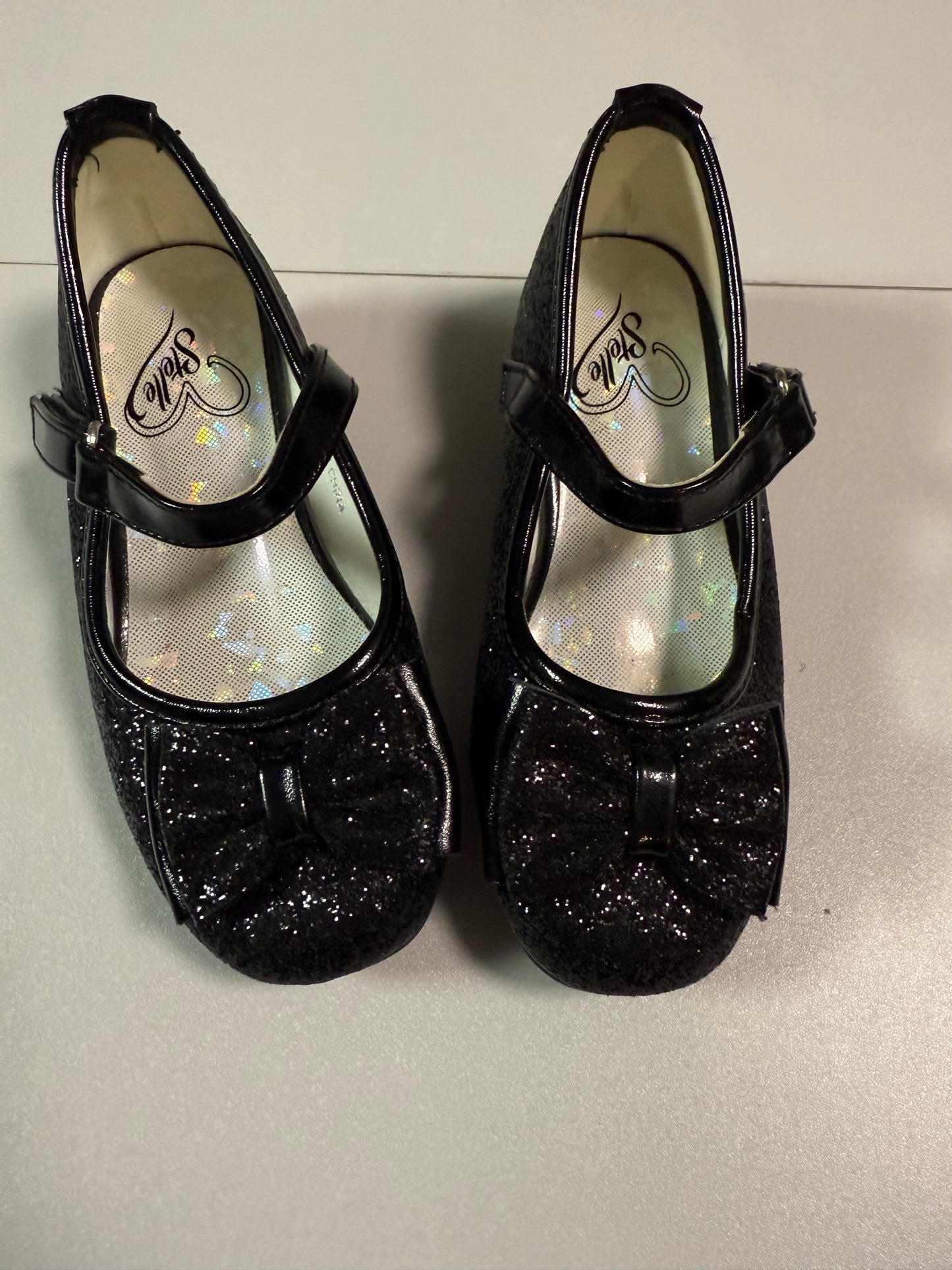 #155 black sparkly dress shoes with bow and heel, size 9M