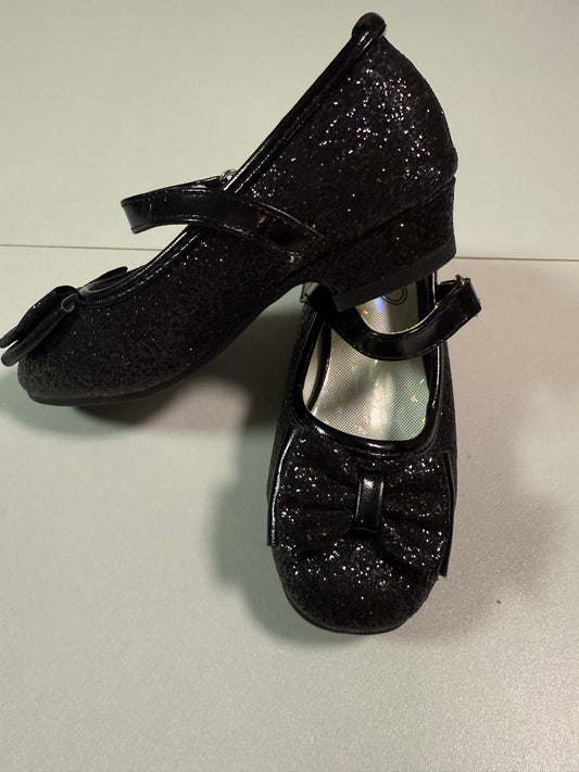#155 black sparkly dress shoes with bow and heel, size 9M