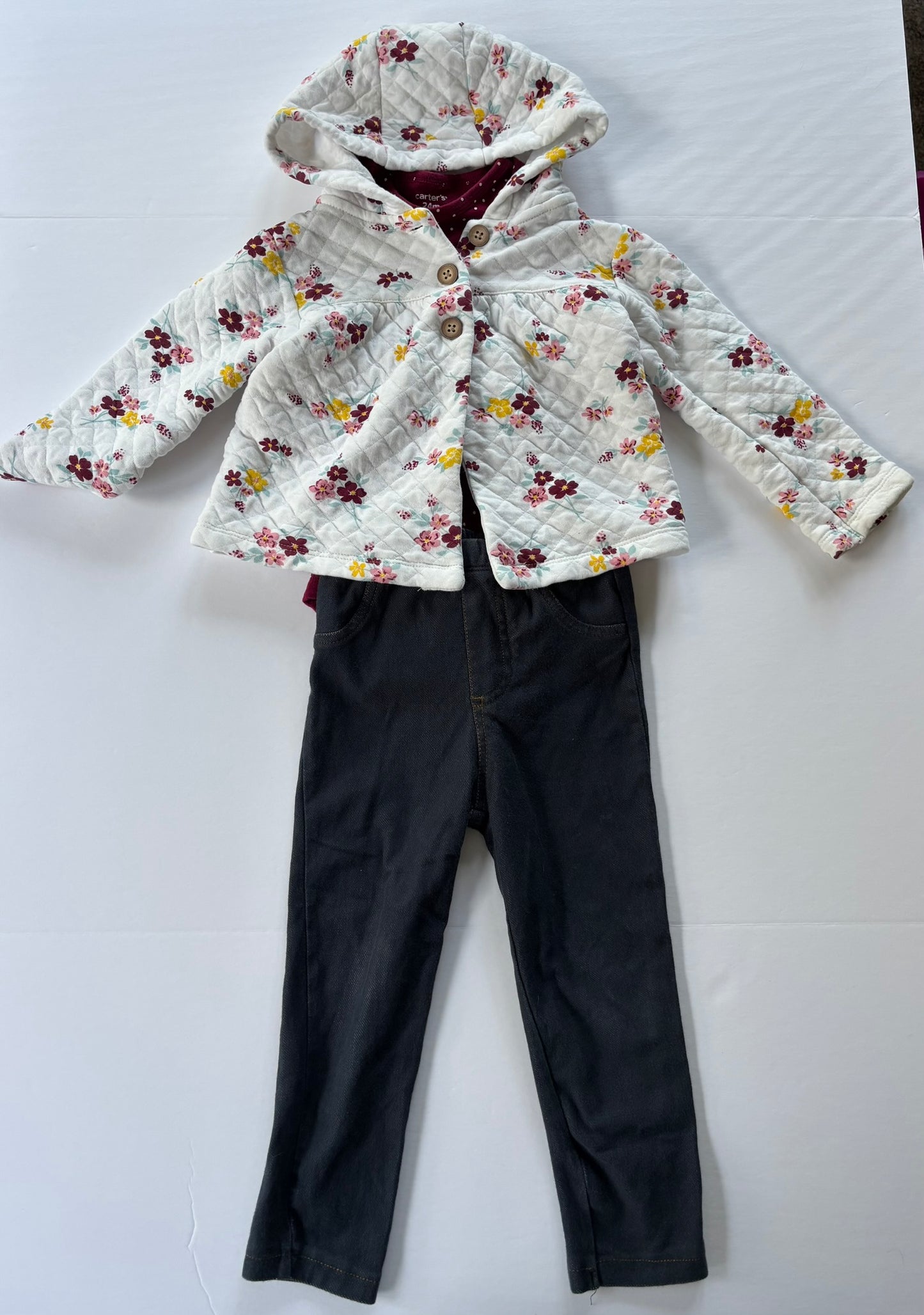 #101 Carter's Floral Quilted Hooded Jacket Onesie Jean Leggings Outfit Girls Size 24 months