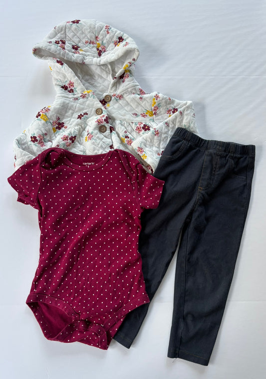 #101 Carter's Floral Quilted Hooded Jacket Onesie Jean Leggings Outfit Girls Size 24 months