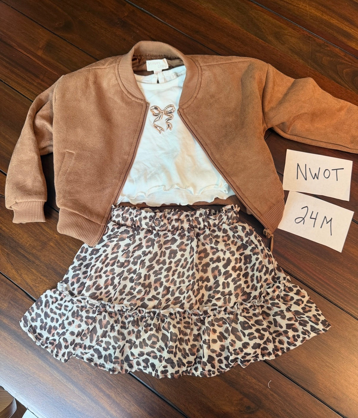 #51 Btween Baby 24M NWOT Leopard Skirt and Suede Jacket Set