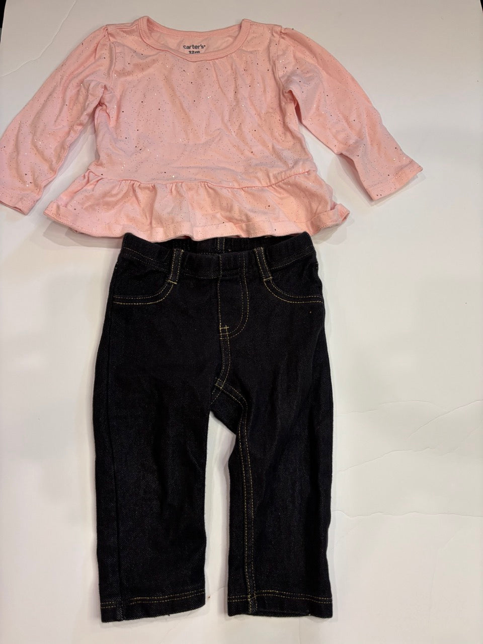 #86A girls 12mo carters sparkly pink shirt and place jeans