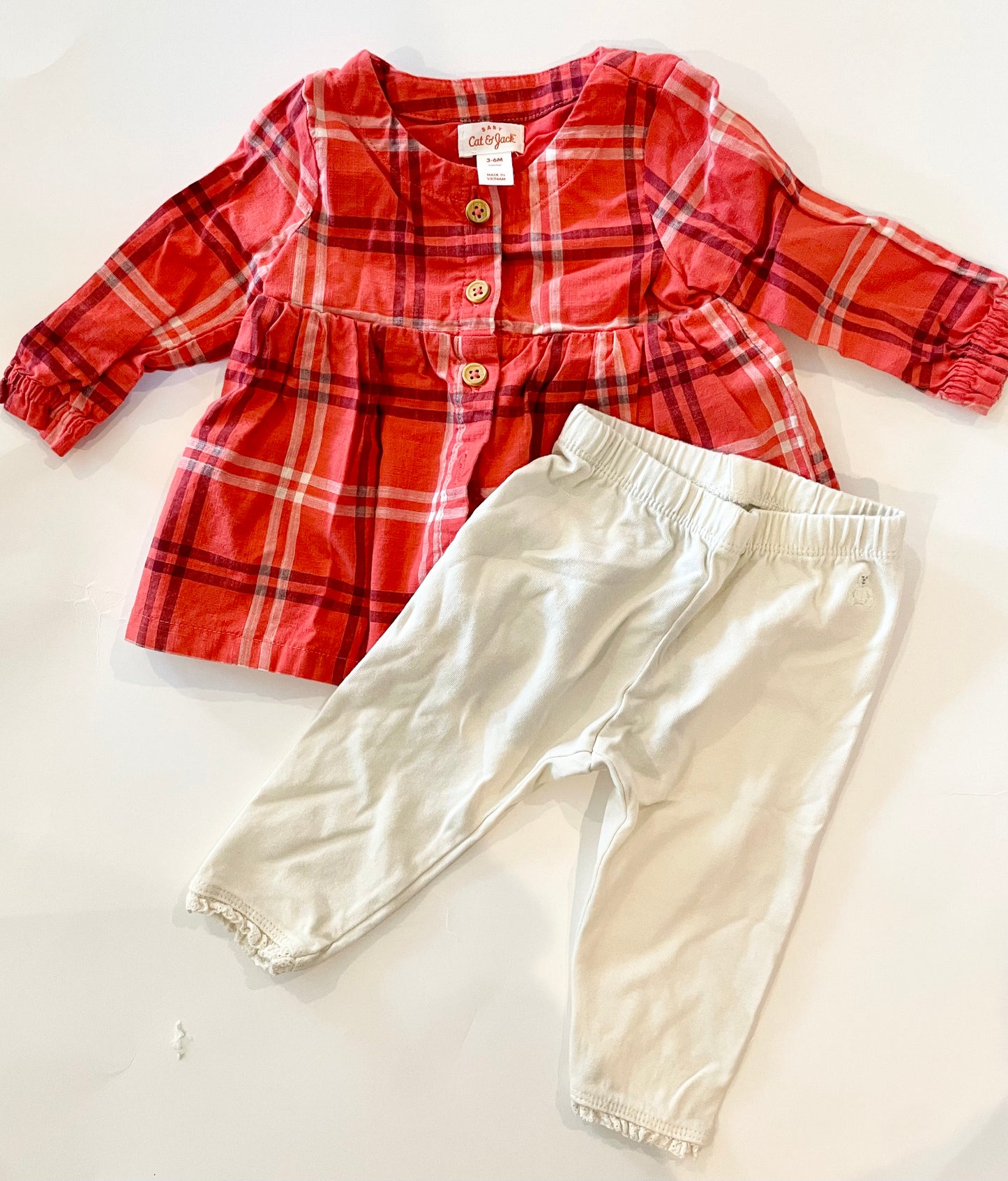 Cat and jack plaid dress and gap white pants size 6 months