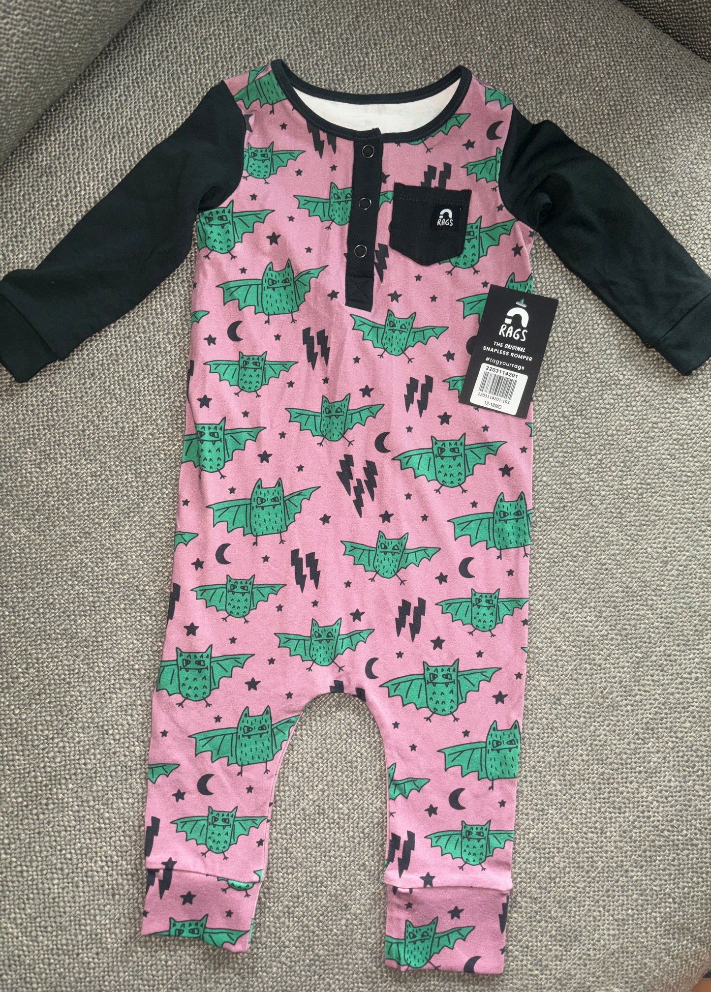 RAGS Bats Romper 12-18 months- NWT