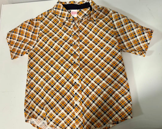 #155 Reduced! Ricrac and Ruffles orange/black button up, size 6