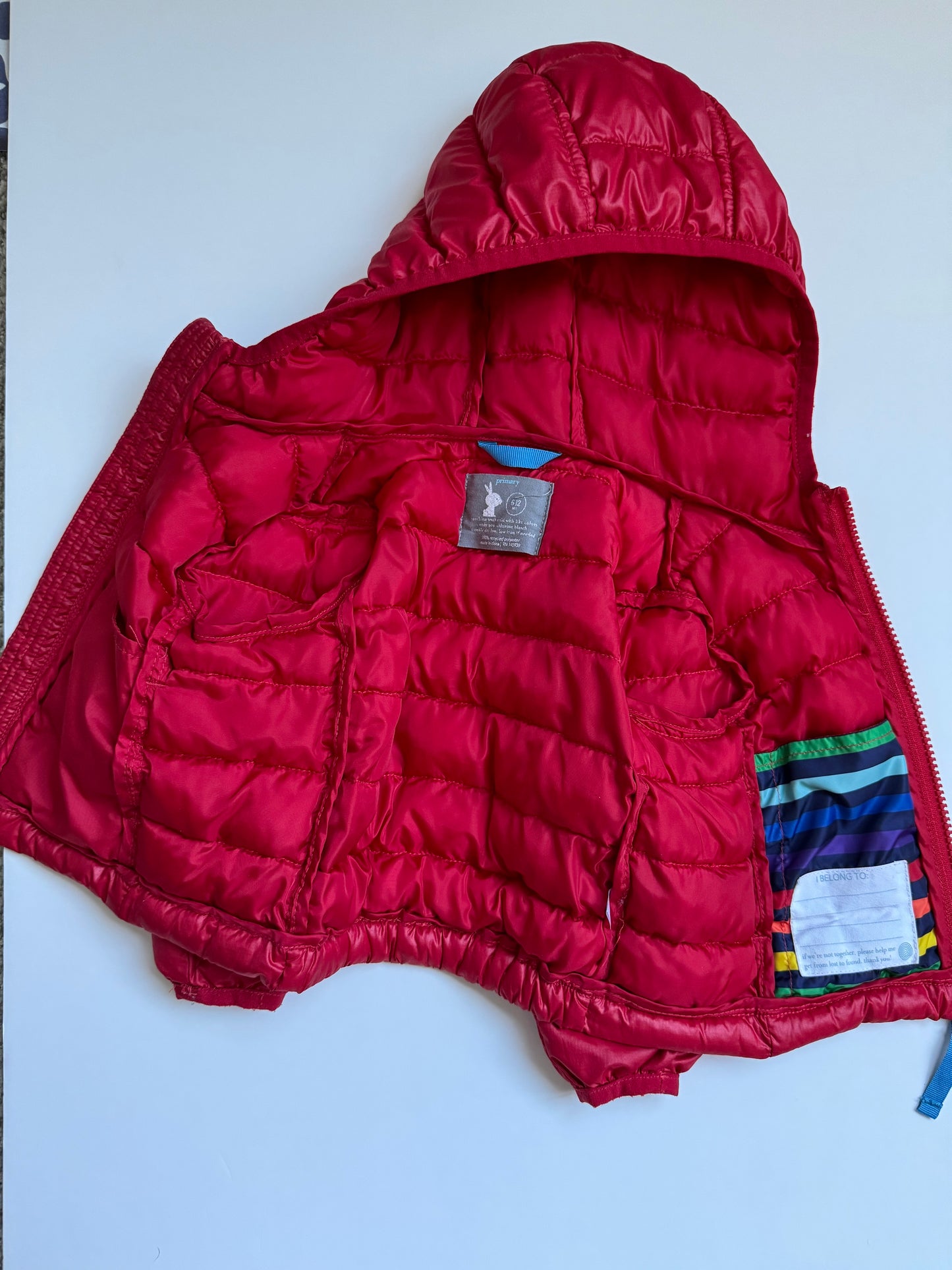 REDUCED - #60B, 6-12m - Primary, baby lightweight puffer jacket | cherry | VGUC