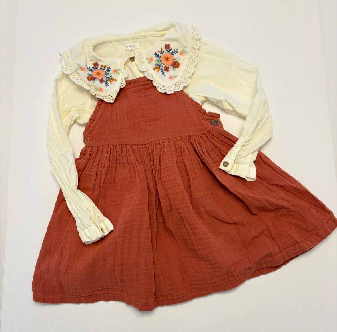 #121 girls 4-5T Next dress with floral shirt, VGUC