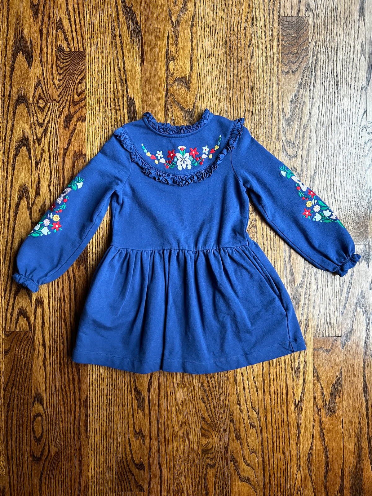 Seller #115 - Boden Girls 2-3Y Blue Sweatshirt Dress with Multicolor Floral Embroidery, VGUC