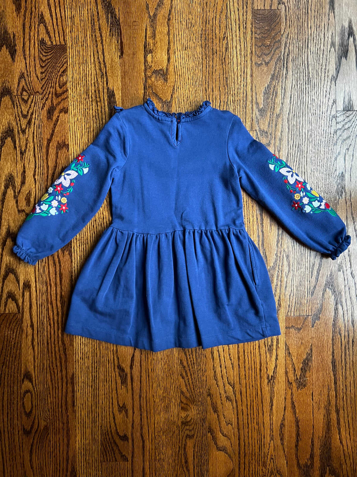 Seller #115 - Boden Girls 2-3Y Blue Sweatshirt Dress with Multicolor Floral Embroidery, VGUC