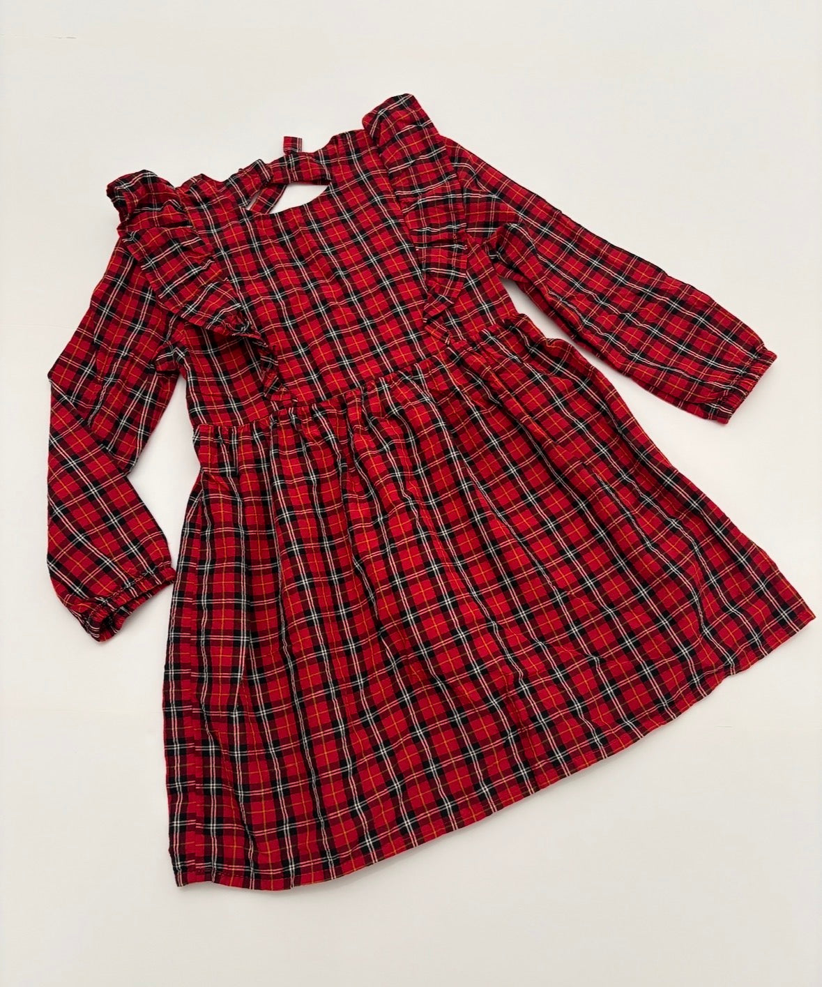 #121 girls 4T Old Navy plaid holiday dress with bow keyhole back, EUC