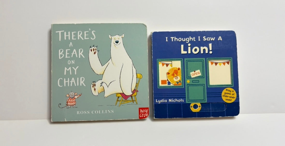 #121 set of 2 board books, There's a Bear on My Chair and I Thought I Saw a Lion, EUC