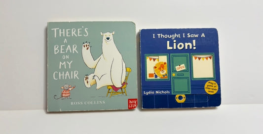 #121 set of 2 board books, There's a Bear on My Chair and I Thought I Saw a Lion, EUC