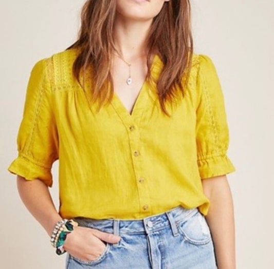 #130 Anthropologie Maeve Magritte yellow linen puff-sleeve Womens blouse top Sz 0