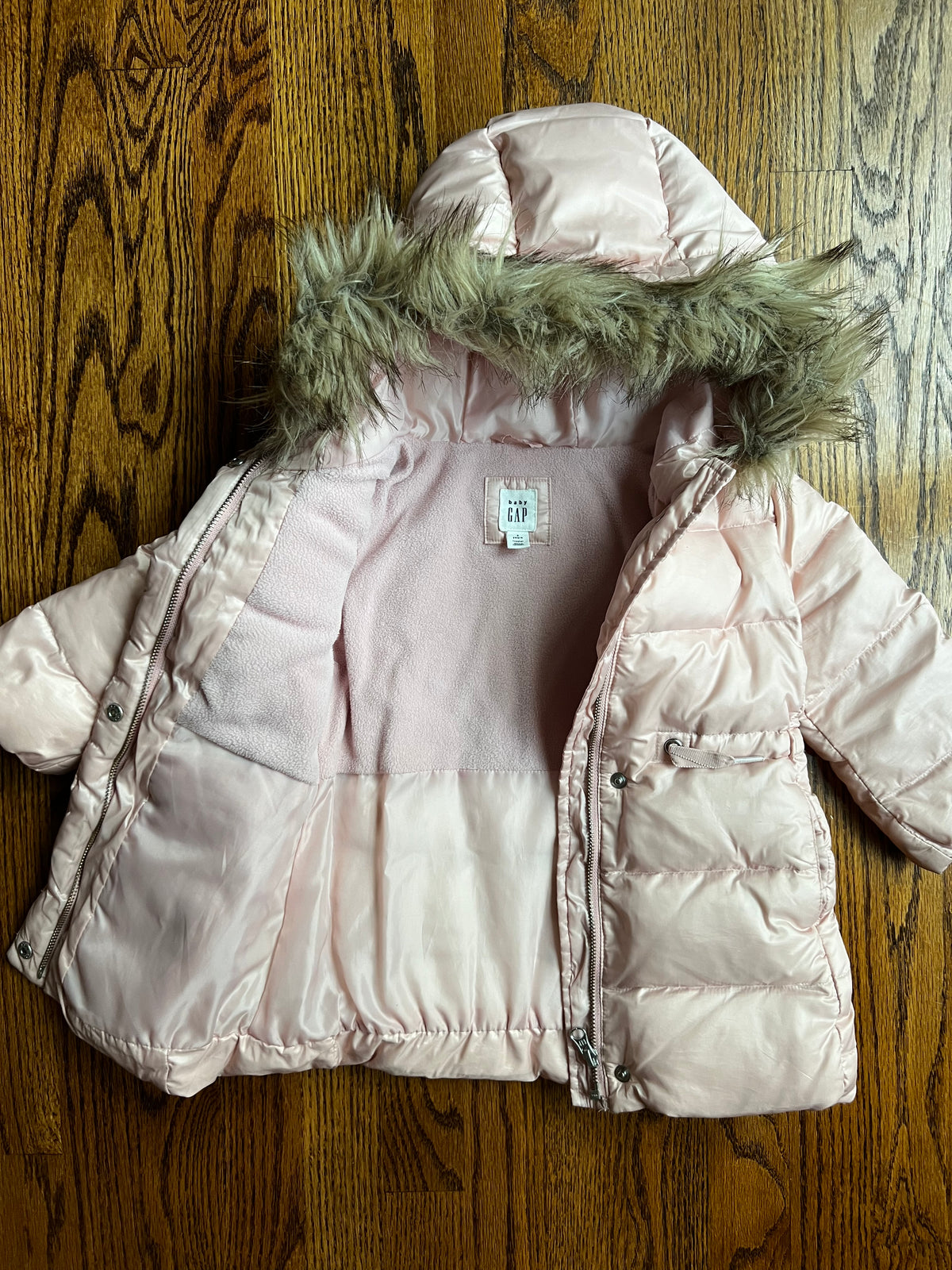 Seller #115 - Baby Gap Girls 2T Pale Pink Puffer Coat with Fur-Trimmed Hood, GUC