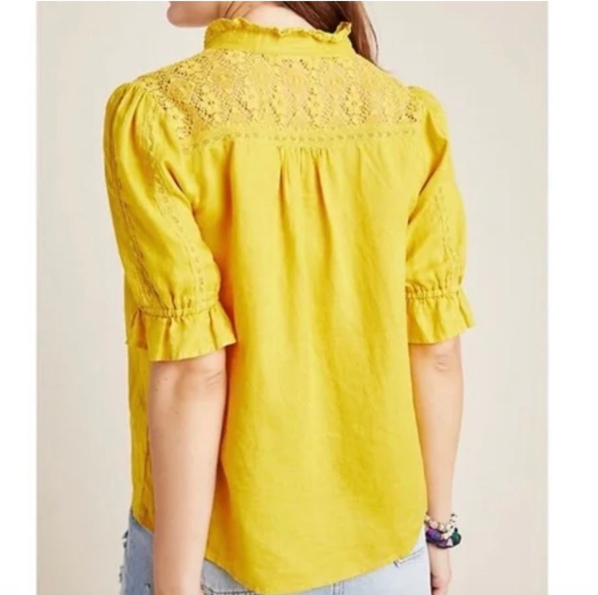 #130 Anthropologie Maeve Magritte yellow linen puff-sleeve Womens blouse top Sz 0