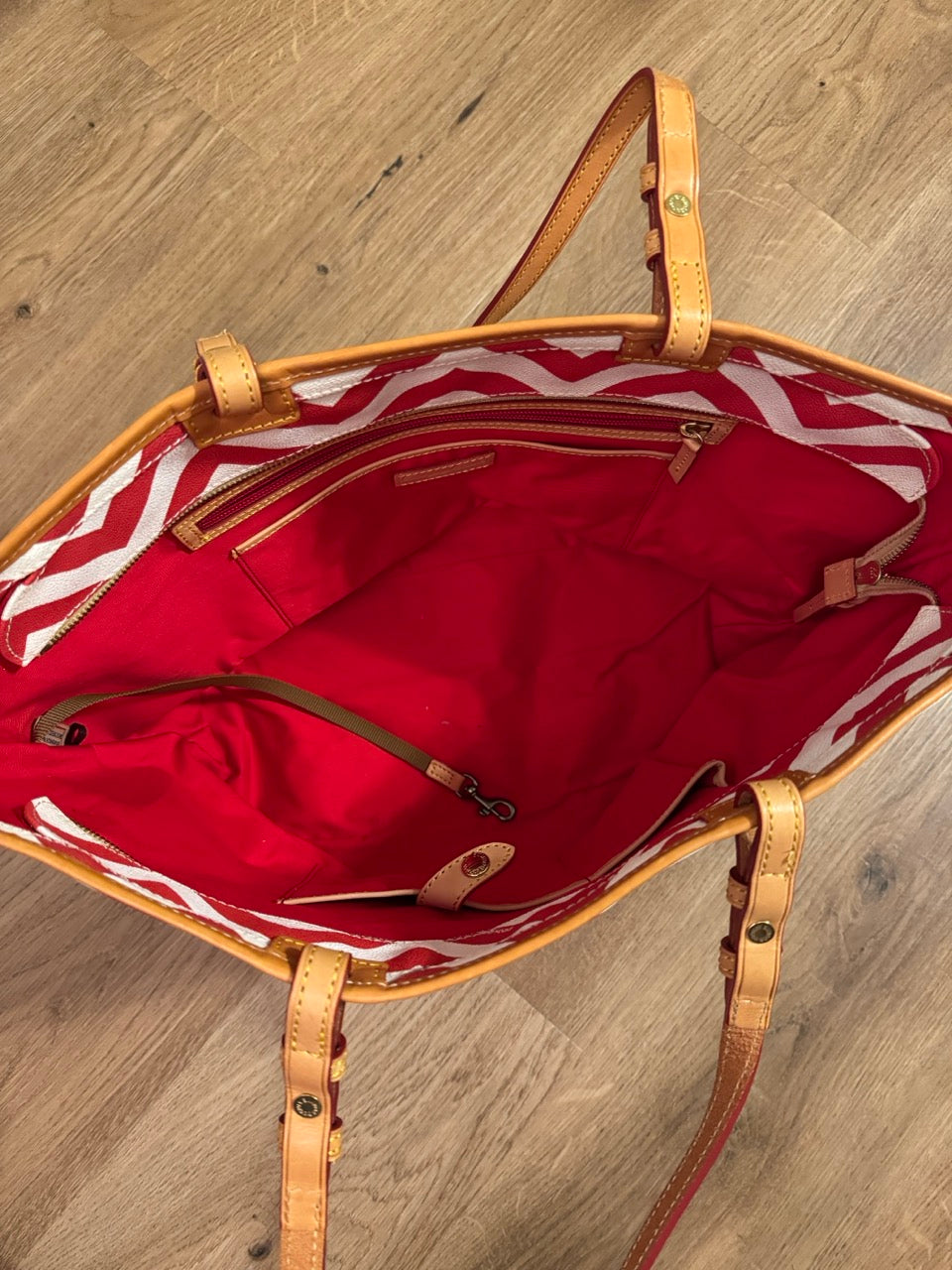 Seller #114 Dooney and Bourke leather orange and white chevron tote