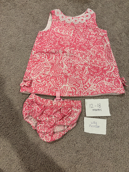 #77 - 12-18 Mo - VGUC Lilly Pulitzer - Pink/White Shift Dress with diaper cover