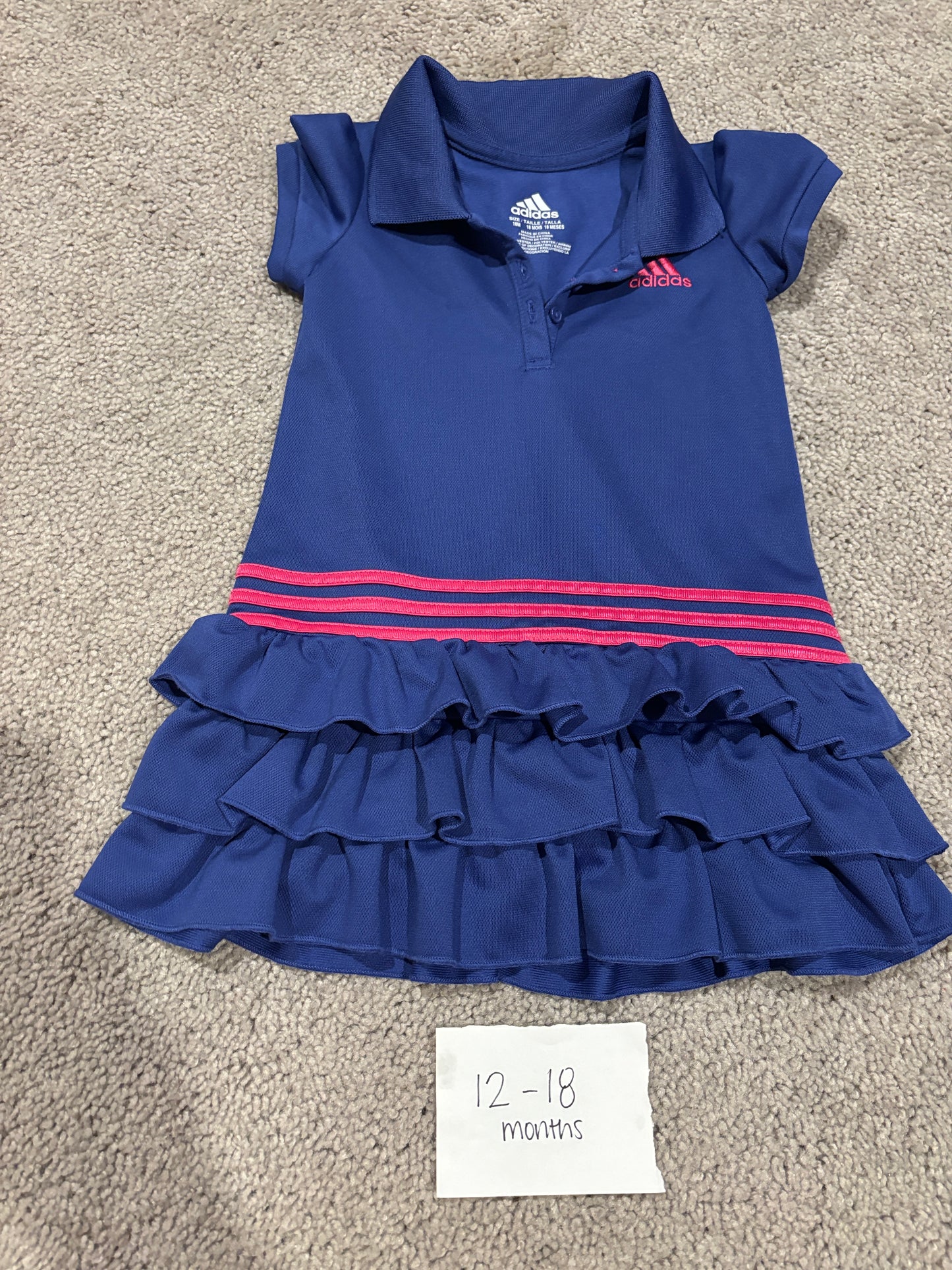 #98B - 12-18 Mo - Adidas - Blue w/Pink Striped Dress VGUC