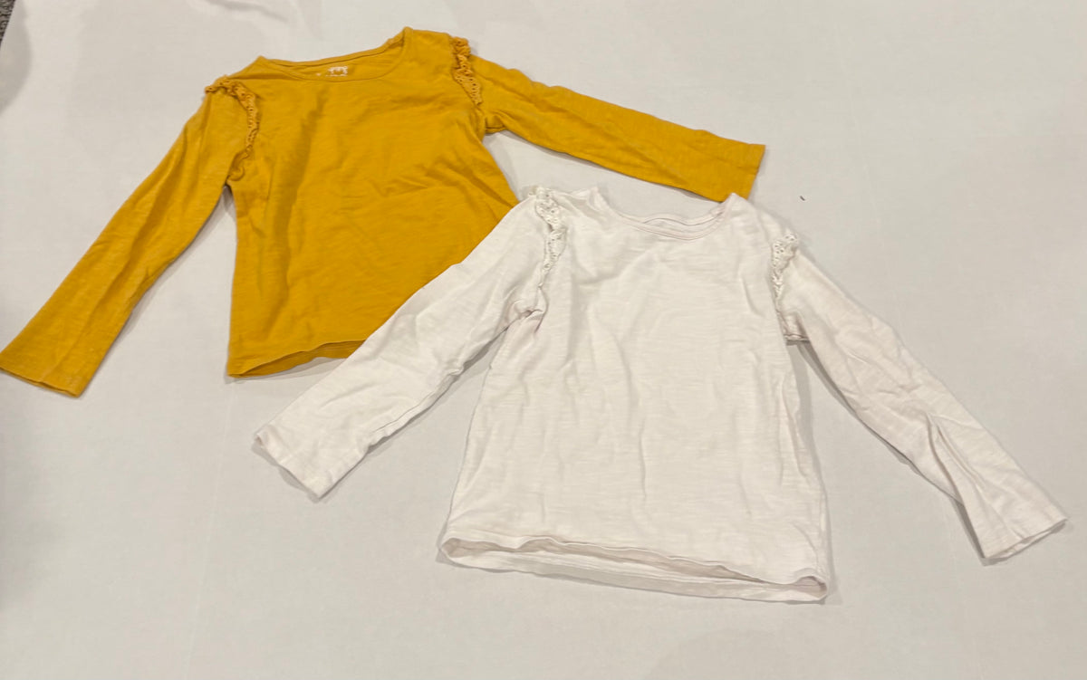 #25 Girls size 5 Jumping Beans long sleeve yellow and white shirts with ruffle detail on shoulders