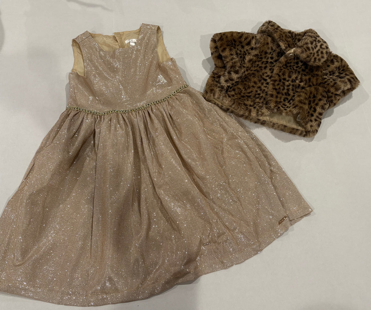 #25 Girls size 5 Tahari beautiful sparkly gold dress with leopard shawl