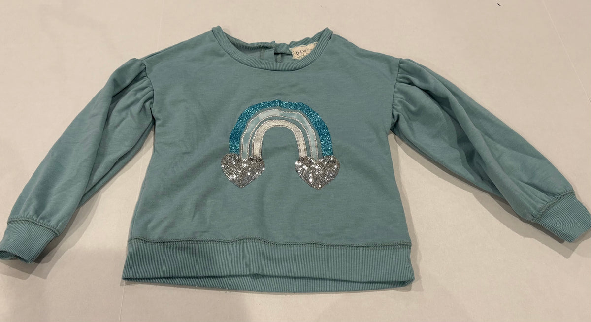 #25 Girls size 5 Btween greenish-blue sweatshirt with poofy sleeves and rainbow
