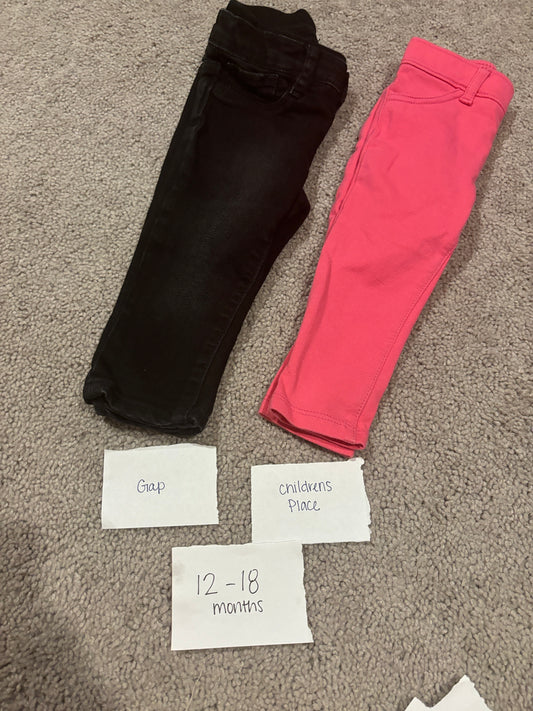 #98B - 12-18 Mo - 2 Pair Pants (Black Gap Jeans and Pink Children's Place)