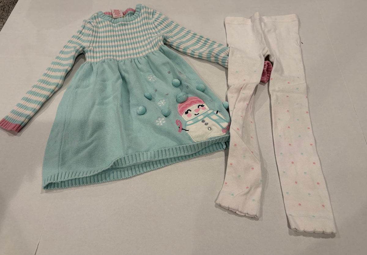 #25 Girls size 5/6 Cynthia Rowley blue long sleeve sweater dress with snowman detail and white footless leggings with pink and blue polka dots