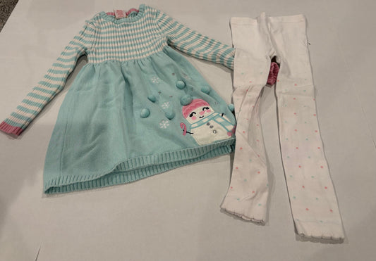 #25 REDUCED Girls size 5/6 Cynthia Rowley blue long sleeve sweater dress with snowman detail and white footless leggings with pink and blue polka dots