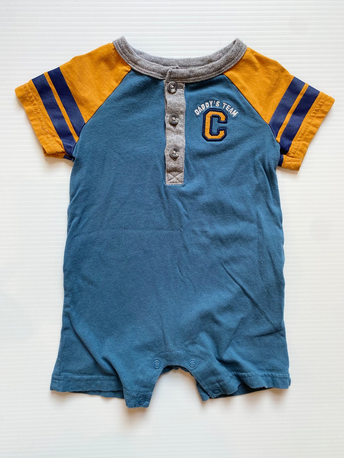Carters Boys 12m Blue/Yellow “Daddy’s Team” Short sleeve Henley Romper
