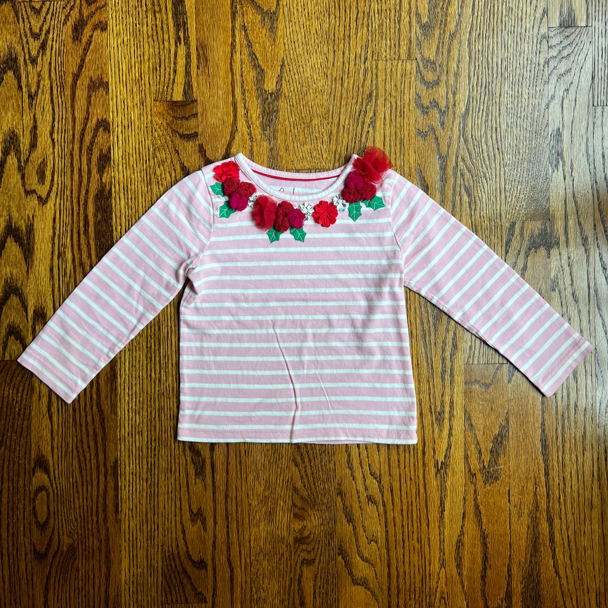 Seller #115 - Boden 3-4Y Pink/White Striped Shirt with Holly Berries, VGUC