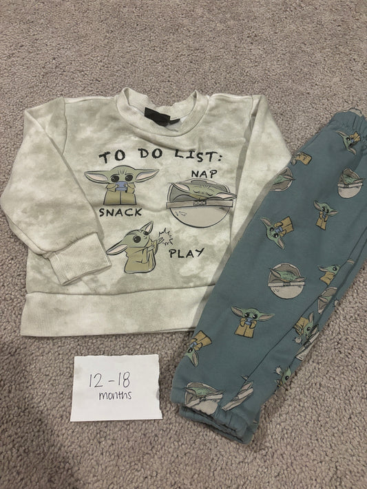 #138 - 12-18 Mo - EUC Baby Yoda Sweatshirt + Pants - PU 45236