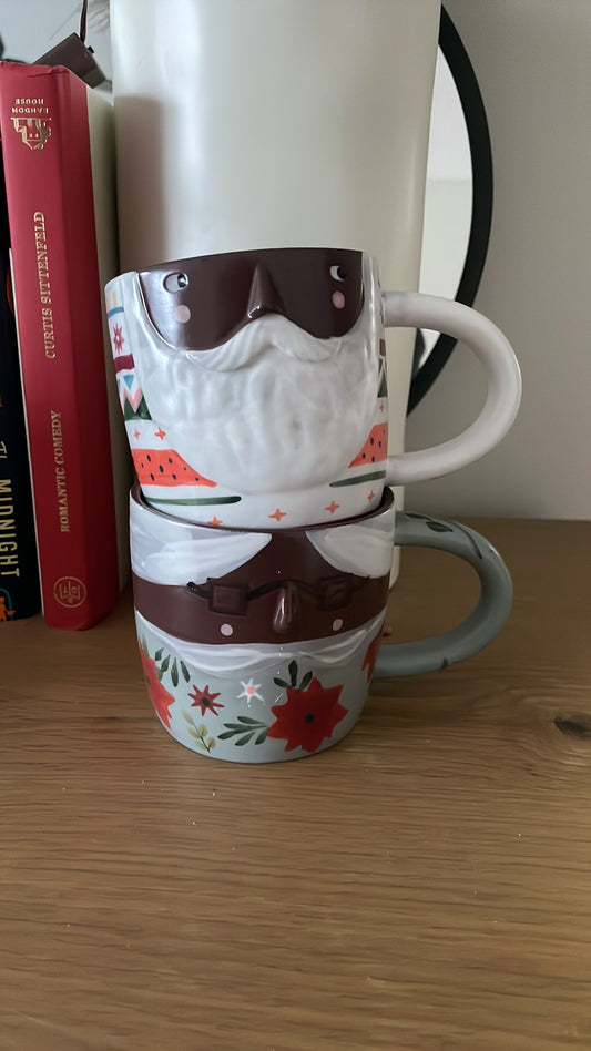 #116 Anthropologie Fotini Mr. & Mrs. Claus Stoneware Holiday Christmas Mugs set