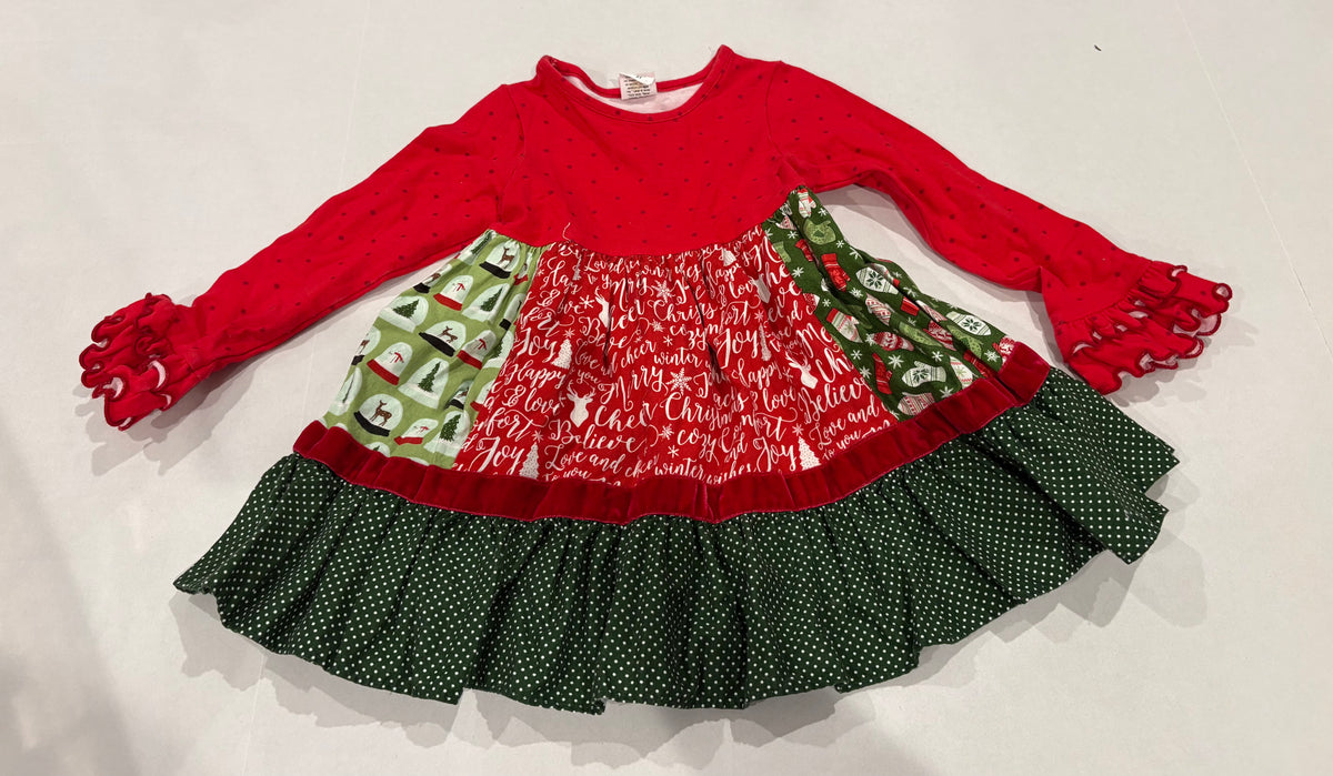 #25 Girls 2T Ricrac and Ruffles Christmas themed twirl dress