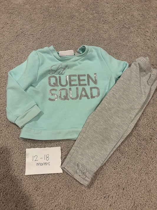 #138 - 12-18 Mo - VGUC Lil Queen Squad Sweatshirt + Pants - PU 45236