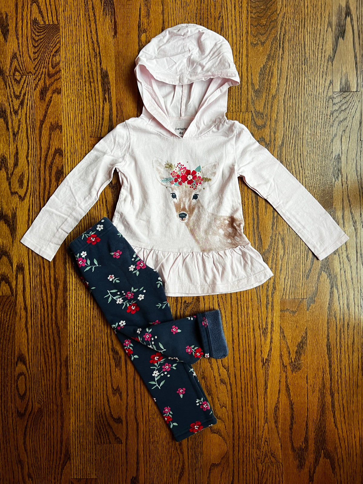 Carter’s Girls 4T Pale Pink Deer Hoodie with Matching Cozy Lined Floral Leggings, VGUC/GUC