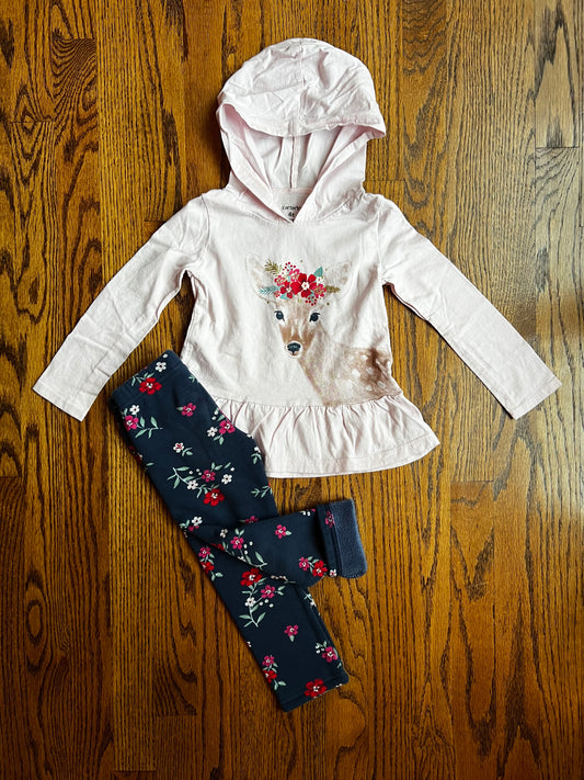 Carter’s Girls 4T Pale Pink Deer Hoodie with Matching Cozy Lined Floral Leggings, VGUC/GUC