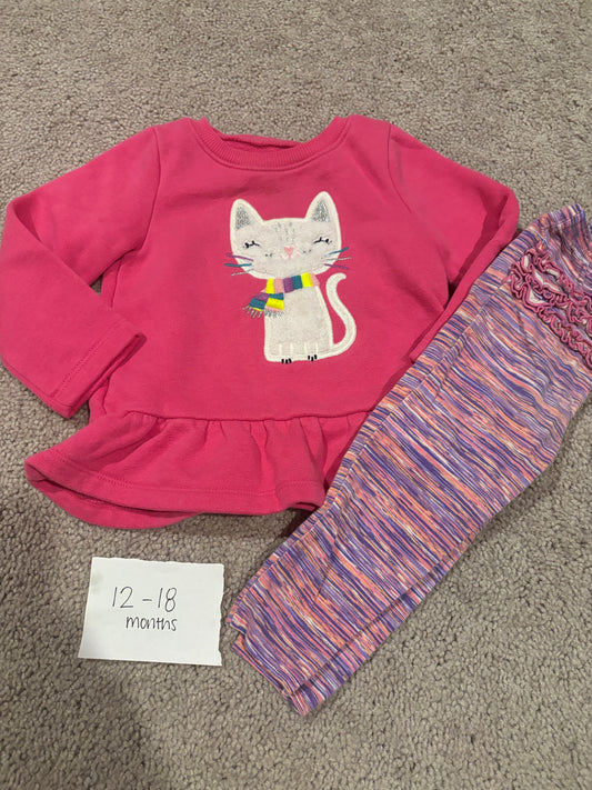 #98B - 12-18 Mo - Pink Sweatshirt w/Cat + Multi-colored Leggings