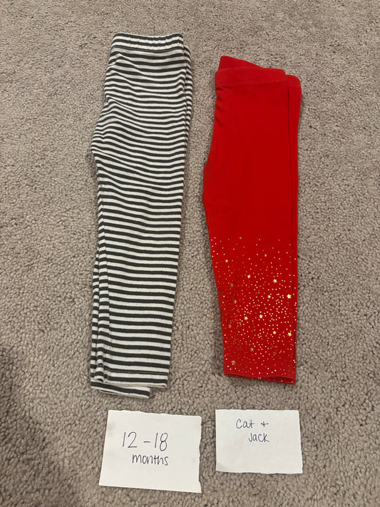 #98B - 12-18 Mo - Cat & Jack - 2 Pack Leggings (black/white striped and red)