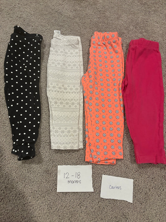 #138 - 12-18 Mo - VGUC Carters - 4 Pair Leggings (black polka dot, white, orange, pink) - PU 45236