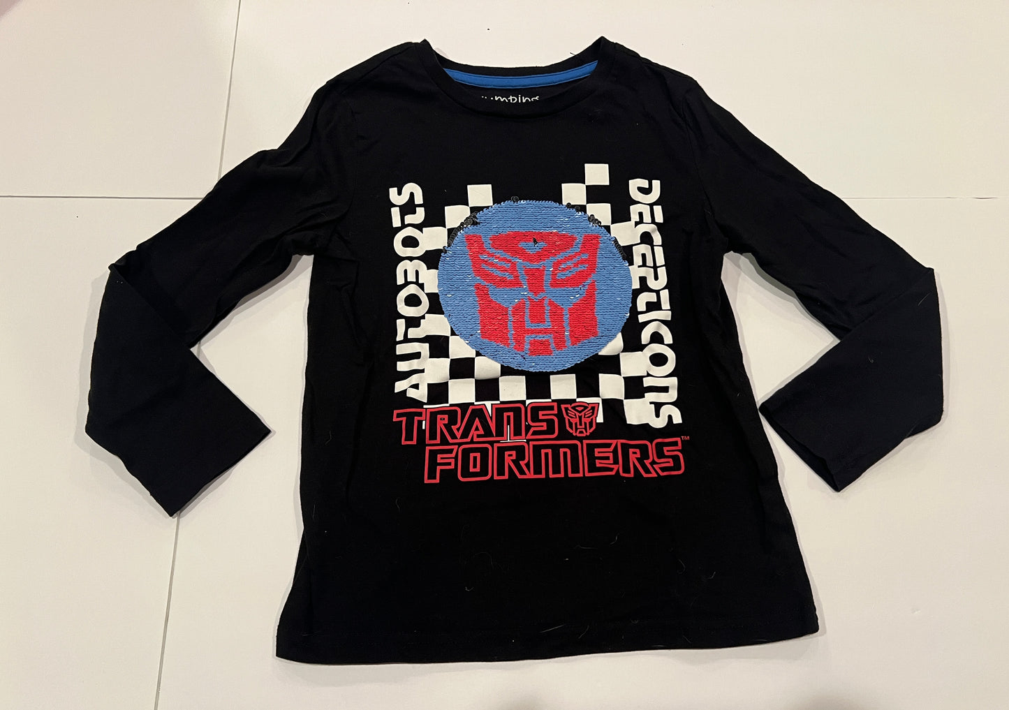 #141 Boys 7 Jumping Beans Transformer reverse Sequin Shirt