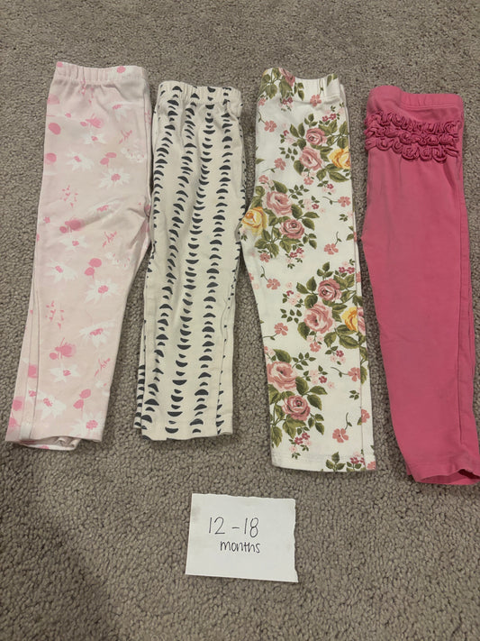 #138 - 12-18 Mo - VGUC 4 Pair Leggins (pink floral, white, white floral, pink) - PU 45236