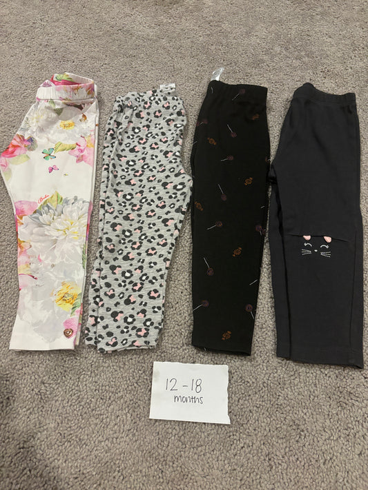 #138 - 12-18 Mo - VGUC 4 Pair Leggings (floral, grey minnie, black candy, grey cat) - PU 45236