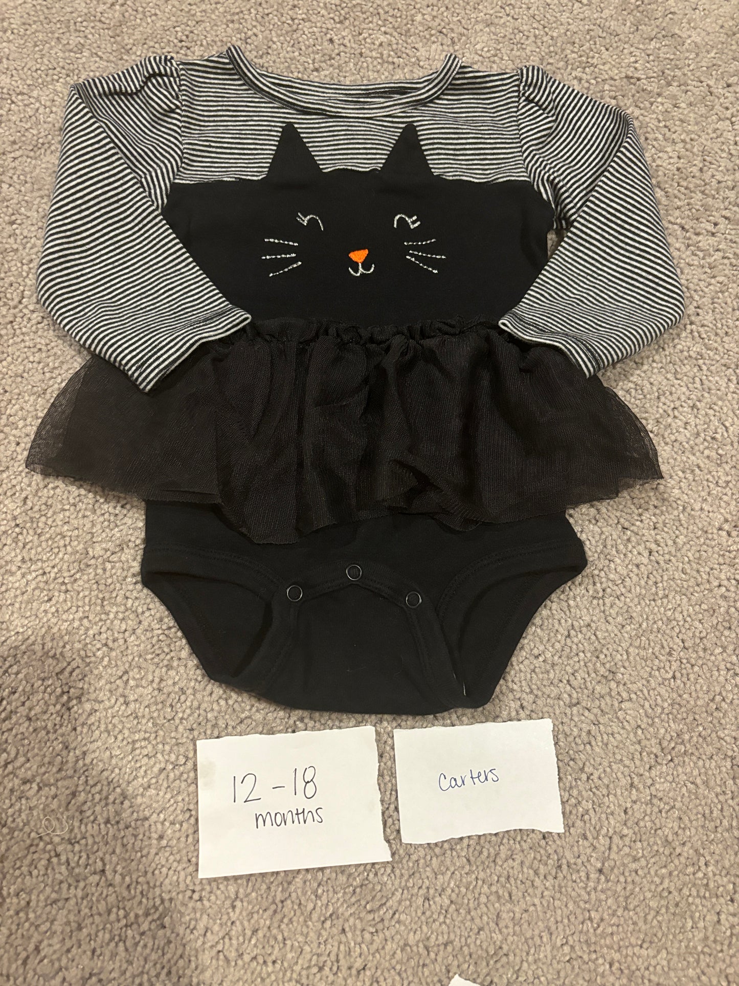 #98B - 12-18 Mo - Carters - Black Cat Bodysuit Twirl (Halloween)