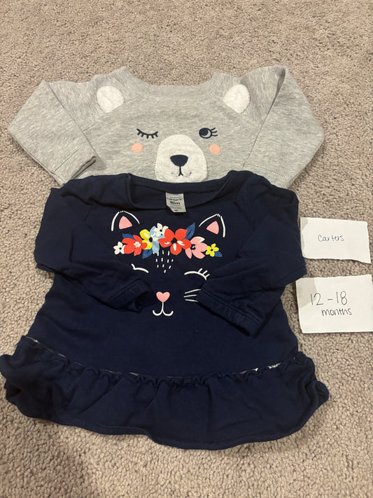 #138 - 12-18 Mo - VGUC Carters - 2 Sweatshirts (Bear face + Cat Face) - PU 45236