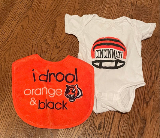 #57 Gender neutral bengals onesie and bib, 6 months, 2 piece set
