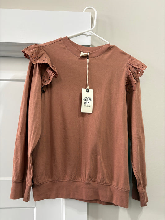 Seller #105 -NWT Medium Women's Rust/Dusty Pink Good Hart (Matilda Jane) Ruffle Shirt (Very Lightweight!)