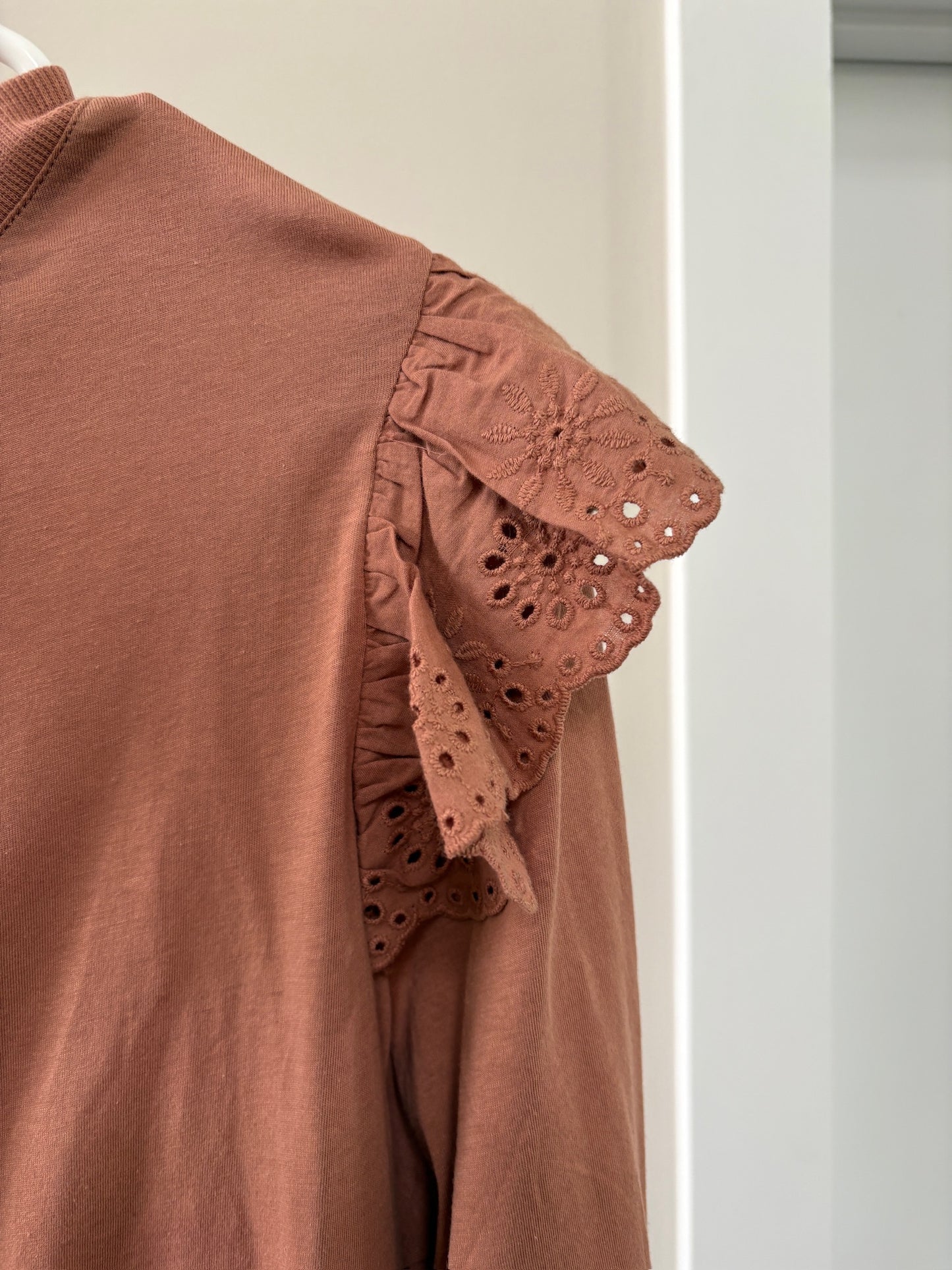 Seller #105 -NWT Medium Women's Rust/Dusty Pink Good Hart (Matilda Jane) Ruffle Shirt (Very Lightweight!)