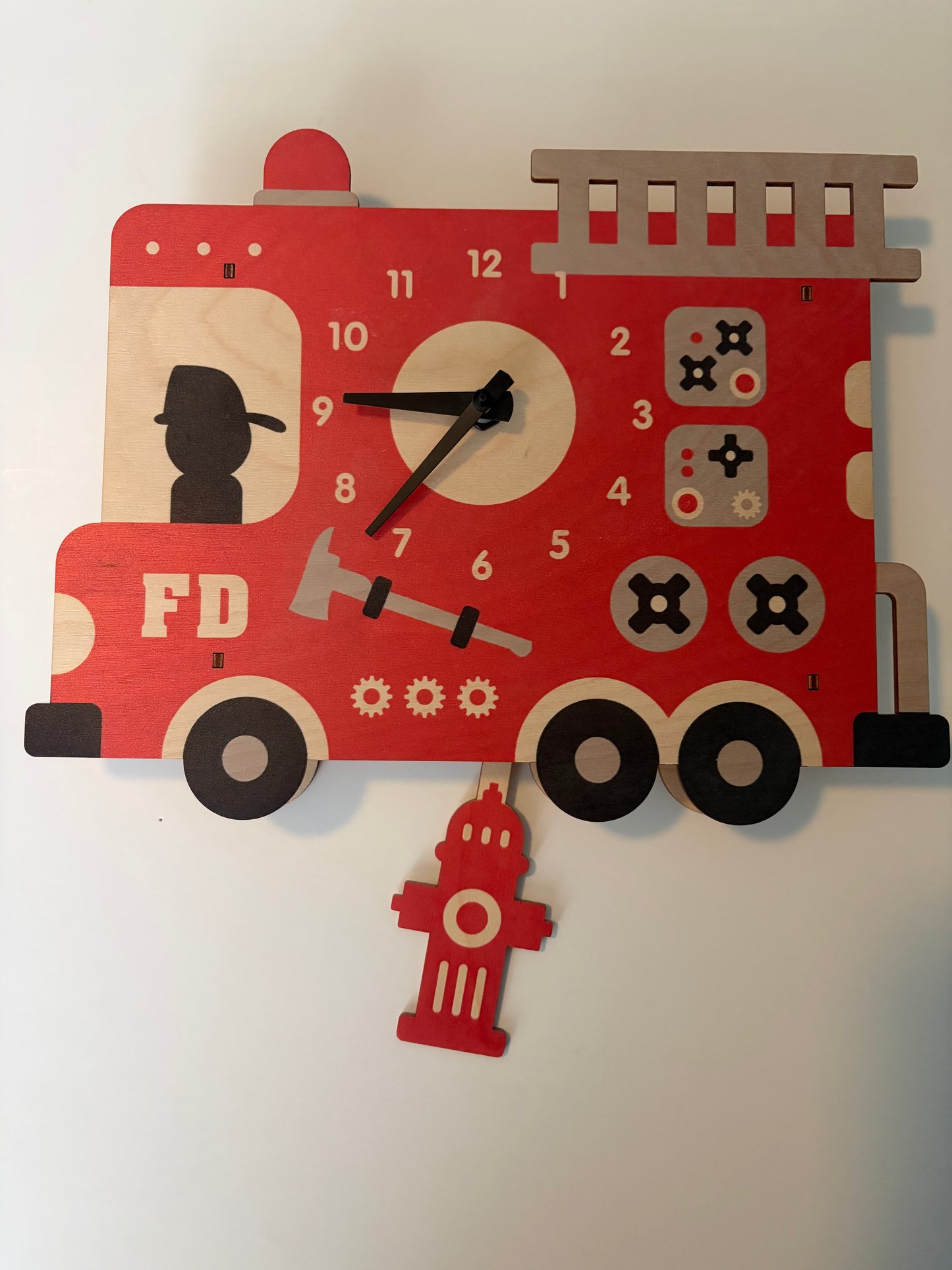 Seller #91 Modern Moose firetruck pendulum wall clock VGUC