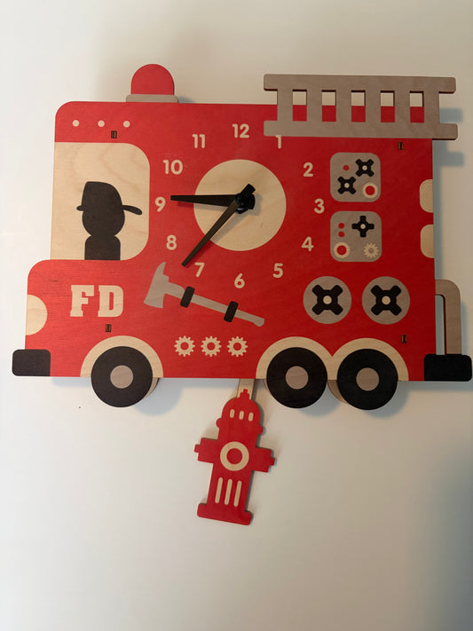 Seller #91 Modern Moose firetruck pendulum wall clock VGUC
